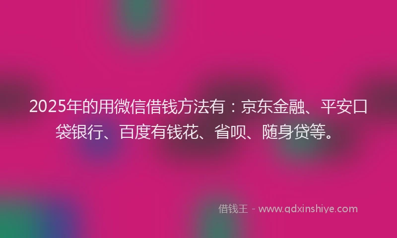 2025年的用微信借钱方法有：京东金融、平安口袋银行、百度有钱花、省呗、随身贷等。