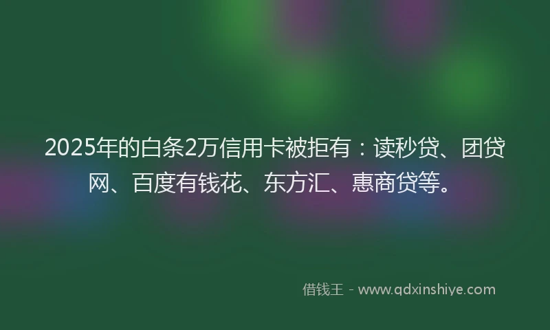 2025年的白条2万信用卡被拒有：读秒贷、团贷网、百度有钱花、东方汇、惠商贷等。