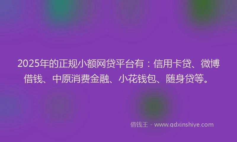 2025年的正规小额网贷平台有：信用卡贷、微博借钱、中原消费金融、小花钱包、随身贷等。