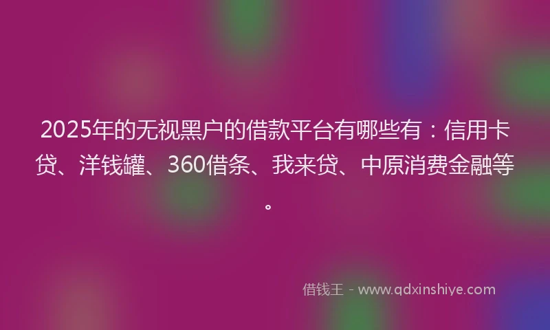 2025年的无视黑户的借款平台有哪些有：信用卡贷、洋钱罐、360借条、我来贷、中原消费金融等。