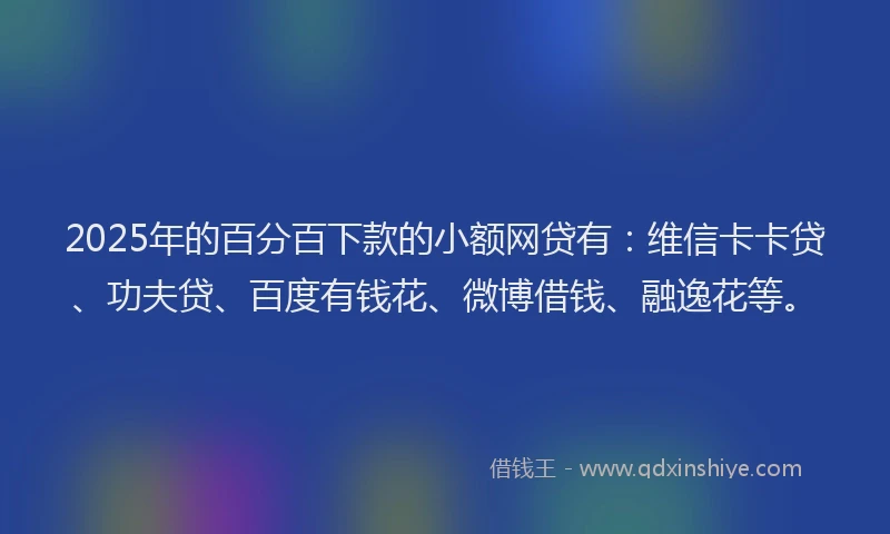 2025年的百分百下款的小额网贷有：维信卡卡贷、功夫贷、百度有钱花、微博借钱、融逸花等。