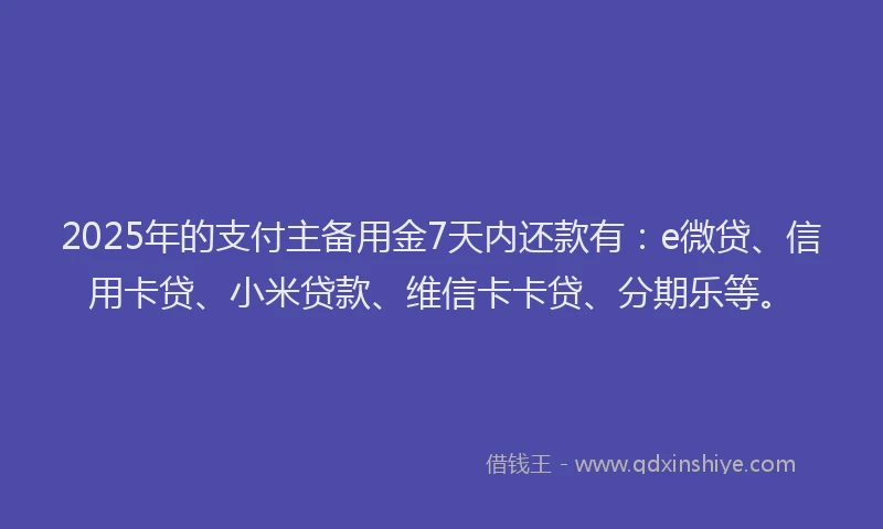 2025年的支付主备用金7天内还款有：e微贷、信用卡贷、小米贷款、维信卡卡贷、分期乐等。