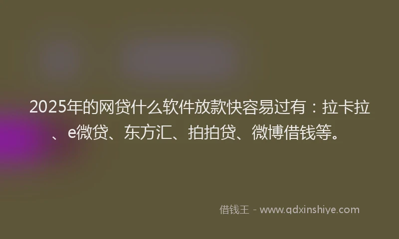 2025年的网贷什么软件放款快容易过有：拉卡拉、e微贷、东方汇、拍拍贷、微博借钱等。