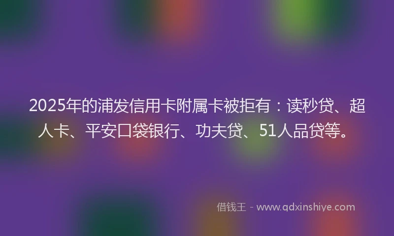 2025年的浦发信用卡附属卡被拒有：读秒贷、超人卡、平安口袋银行、功夫贷、51人品贷等。