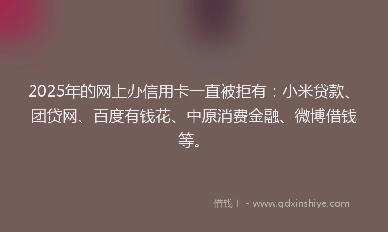 2025年的网上办信用卡一直被拒有：小米贷款、团贷网、百度有钱花、中原消费金融、微博借钱等。