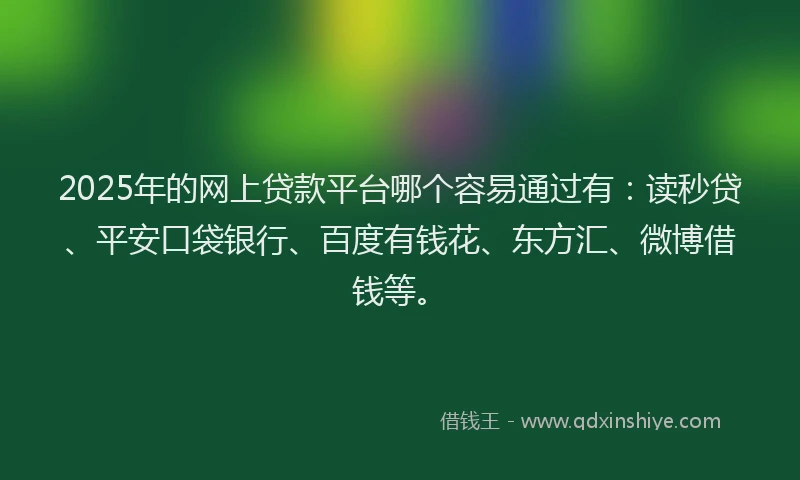 2025年的网上贷款平台哪个容易通过有：读秒贷、平安口袋银行、百度有钱花、东方汇、微博借钱等。