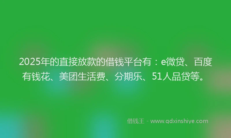 2025年的直接放款的借钱平台有：e微贷、百度有钱花、美团生活费、分期乐、51人品贷等。