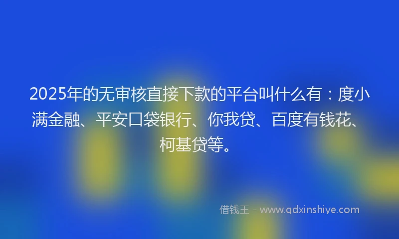 2025年的无审核直接下款的平台叫什么有：度小满金融、平安口袋银行、你我贷、百度有钱花、柯基贷等。