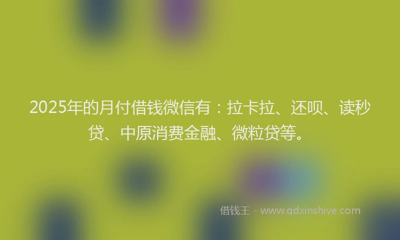 2025年的月付借钱微信有：拉卡拉、还呗、读秒贷、中原消费金融、微粒贷等。