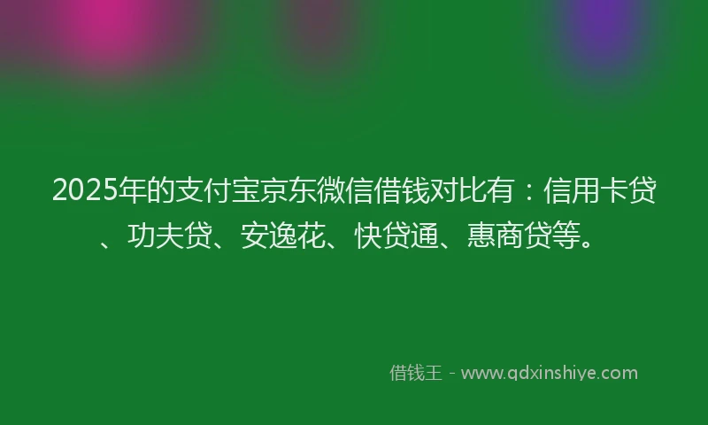2025年的支付宝京东微信借钱对比有：信用卡贷、功夫贷、安逸花、快贷通、惠商贷等。