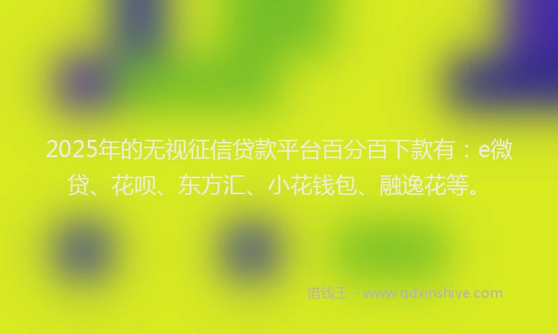2025年的无视征信贷款平台百分百下款有：e微贷、花呗、东方汇、小花钱包、融逸花等。