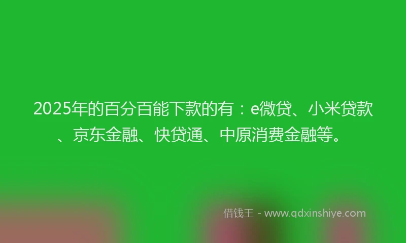 2025年的百分百能下款的有：e微贷、小米贷款、京东金融、快贷通、中原消费金融等。