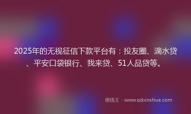 2025年的无视征信下款平台有：投友圈、滴水贷、平安口袋银行、我来贷、51人品贷等。