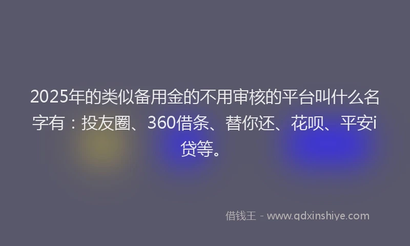 2025年的类似备用金的不用审核的平台叫什么名字有：投友圈、360借条、替你还、花呗、平安i贷等。