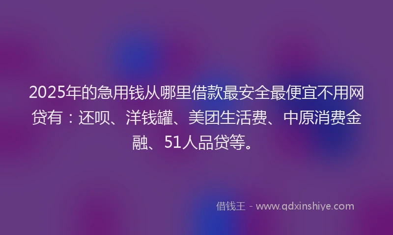 2025年的急用钱从哪里借款最安全最便宜不用网贷有：还呗、洋钱罐、美团生活费、中原消费金融、51人品贷等。
