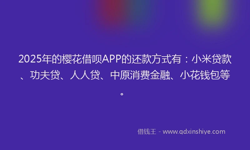 2025年的樱花借呗APP的还款方式有：小米贷款、功夫贷、人人贷、中原消费金融、小花钱包等。