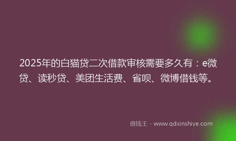 2025年的白猫贷二次借款审核需要多久有：e微贷、读秒贷、美团生活费、省呗、微博借钱等。