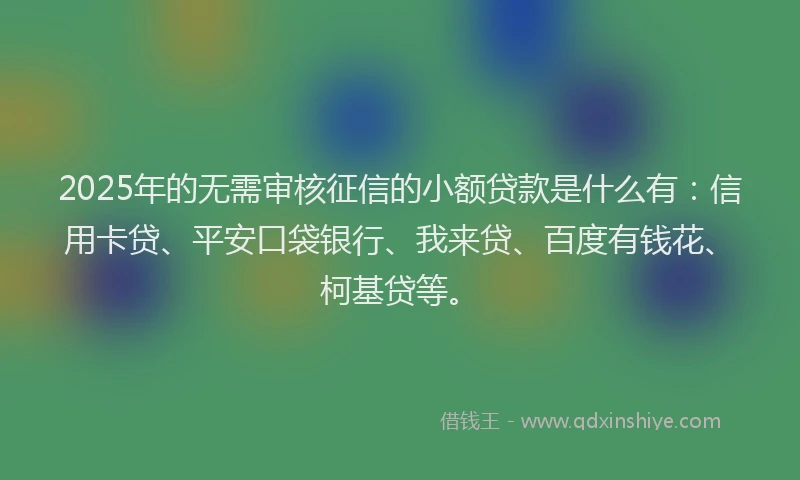 2025年的无需审核征信的小额贷款是什么有：信用卡贷、平安口袋银行、我来贷、百度有钱花、柯基贷等。
