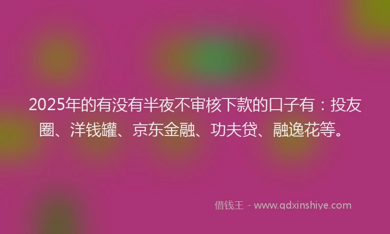 2025年的有没有半夜不审核下款的口子有：投友圈、洋钱罐、京东金融、功夫贷、融逸花等。
