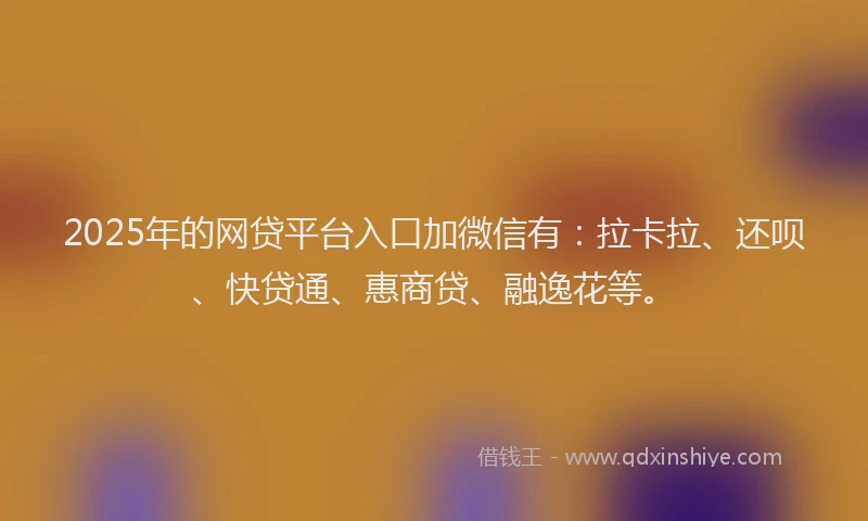 2025年的网贷平台入口加微信有：拉卡拉、还呗、快贷通、惠商贷、融逸花等。