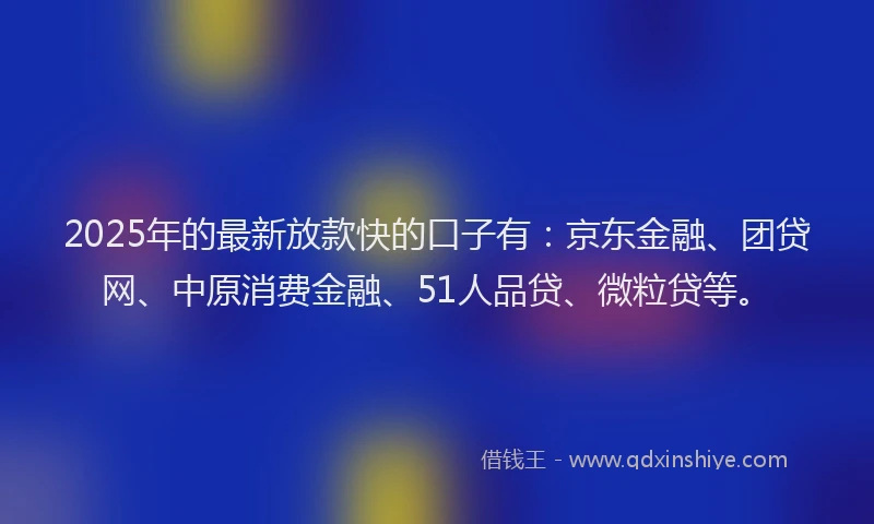 2025年的最新放款快的口子有：京东金融、团贷网、中原消费金融、51人品贷、微粒贷等。