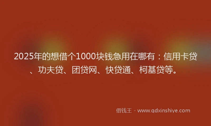 2025年的想借个1000块钱急用在哪有：信用卡贷、功夫贷、团贷网、快贷通、柯基贷等。