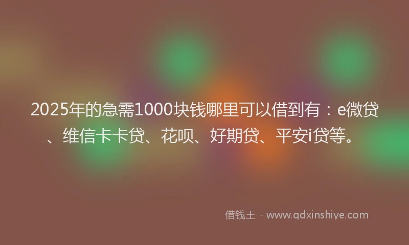 2025年的急需1000块钱哪里可以借到有：e微贷、维信卡卡贷、花呗、好期贷、平安i贷等。