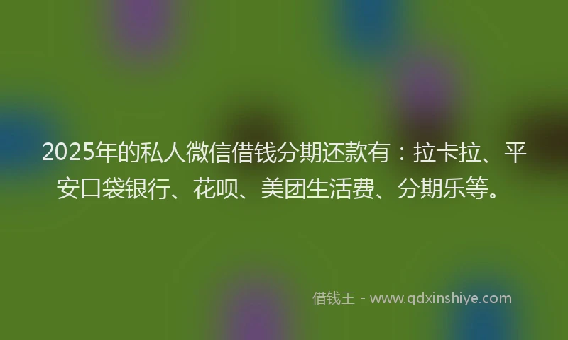 2025年的私人微信借钱分期还款有：拉卡拉、平安口袋银行、花呗、美团生活费、分期乐等。