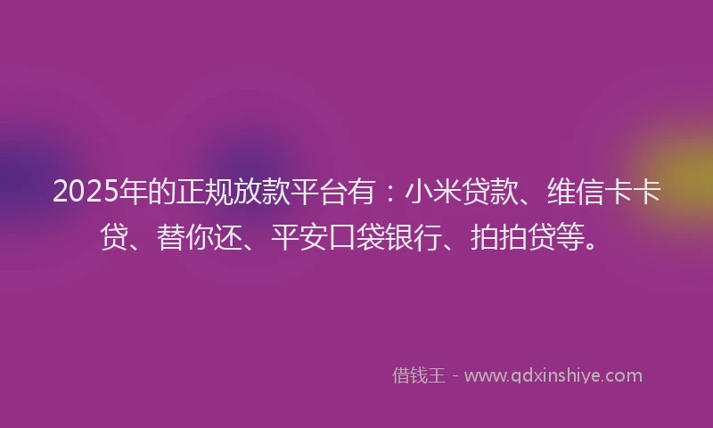 2025年的正规放款平台有：小米贷款、维信卡卡贷、替你还、平安口袋银行、拍拍贷等。