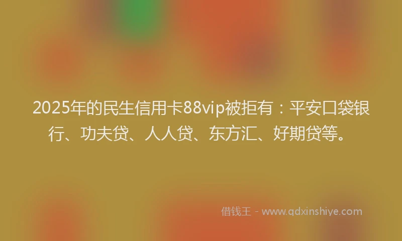 2025年的民生信用卡88vip被拒有：平安口袋银行、功夫贷、人人贷、东方汇、好期贷等。