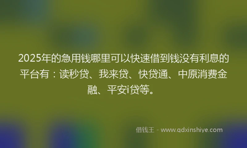 2025年的急用钱哪里可以快速借到钱没有利息的平台有：读秒贷、我来贷、快贷通、中原消费金融、平安i贷等。