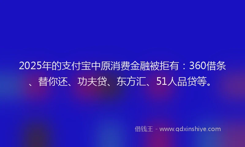 2025年的支付宝中原消费金融被拒有：360借条、替你还、功夫贷、东方汇、51人品贷等。