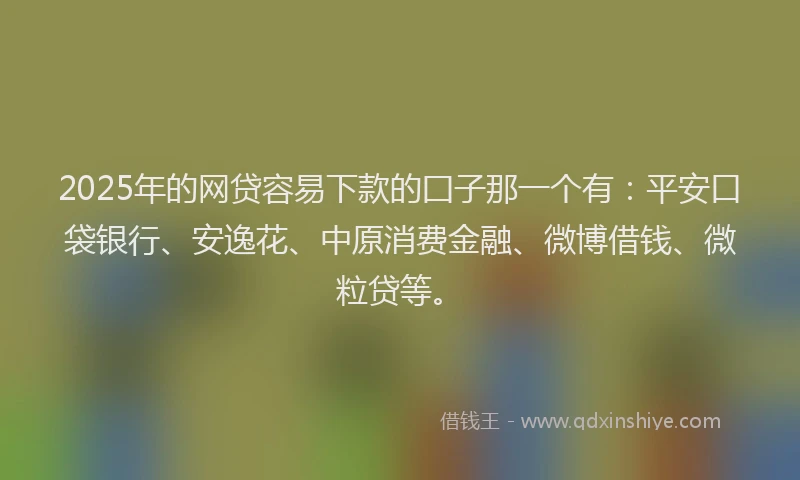 2025年的网贷容易下款的囗子那一个有：平安口袋银行、安逸花、中原消费金融、微博借钱、微粒贷等。