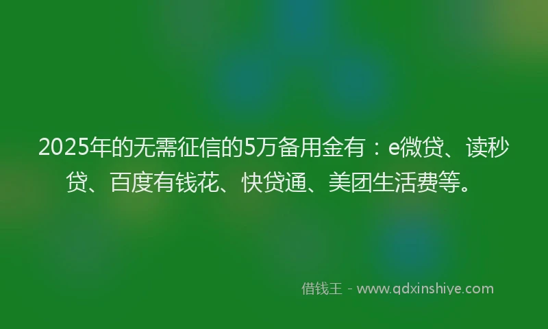 2025年的无需征信的5万备用金有：e微贷、读秒贷、百度有钱花、快贷通、美团生活费等。