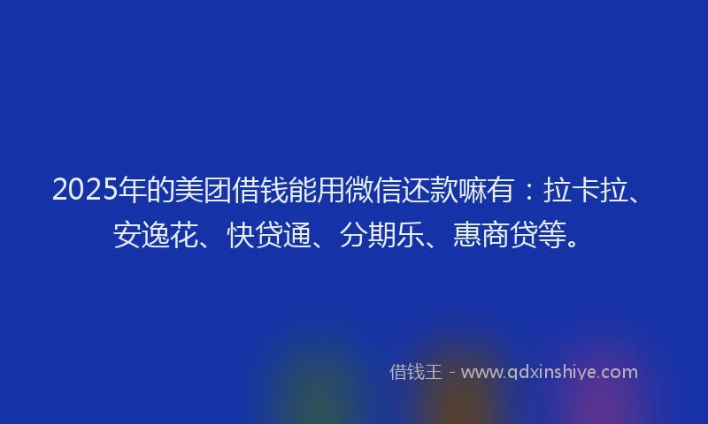 2025年的美团借钱能用微信还款嘛有：拉卡拉、安逸花、快贷通、分期乐、惠商贷等。