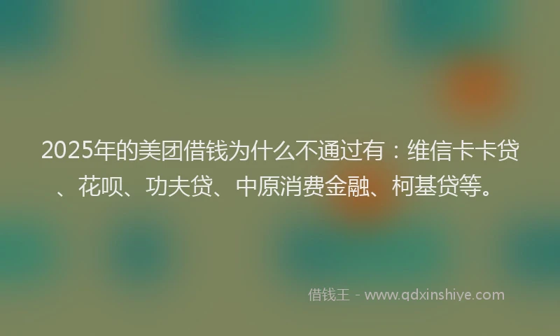 2025年的美团借钱为什么不通过有：维信卡卡贷、花呗、功夫贷、中原消费金融、柯基贷等。