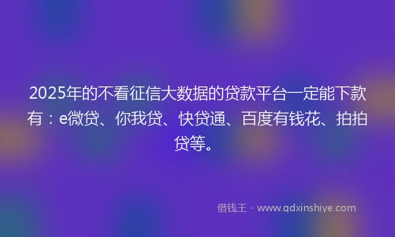 2025年的不看征信大数据的贷款平台一定能下款有：e微贷、你我贷、快贷通、百度有钱花、拍拍贷等。