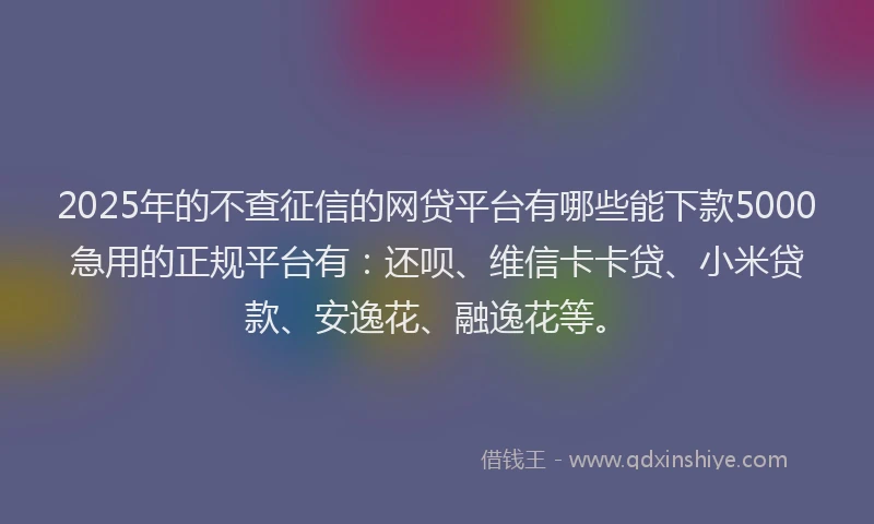 2025年的不查征信的网贷平台有哪些能下款5000急用的正规平台有：还呗、维信卡卡贷、小米贷款、安逸花、融逸花等。