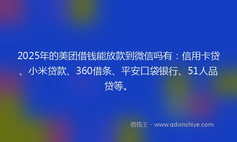 2025年的美团借钱能放款到微信吗有：信用卡贷、小米贷款、360借条、平安口袋银行、51人品贷等。