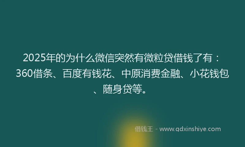 2025年的为什么微信突然有微粒贷借钱了有：360借条、百度有钱花、中原消费金融、小花钱包、随身贷等。