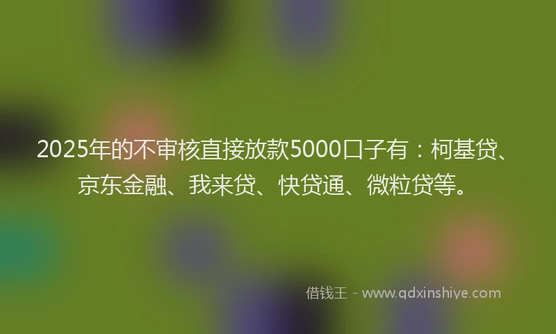 2025年的不审核直接放款5000口子有：柯基贷、京东金融、我来贷、快贷通、微粒贷等。