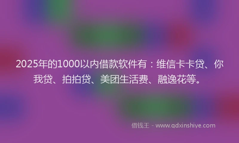 2025年的1000以内借款软件有：维信卡卡贷、你我贷、拍拍贷、美团生活费、融逸花等。
