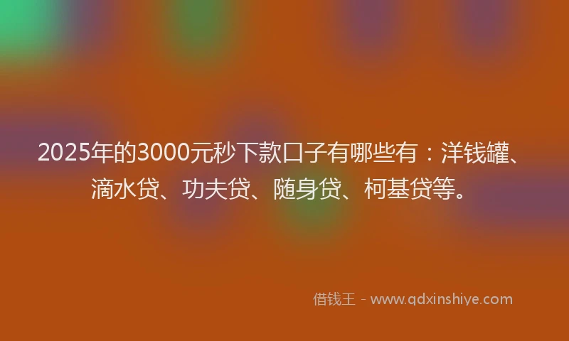 2025年的3000元秒下款口子有哪些有：洋钱罐、滴水贷、功夫贷、随身贷、柯基贷等。