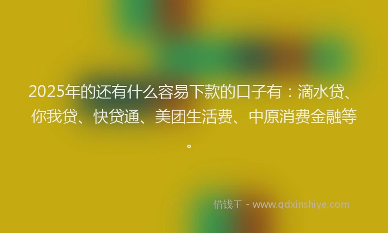 2025年的还有什么容易下款的口子有：滴水贷、你我贷、快贷通、美团生活费、中原消费金融等。
