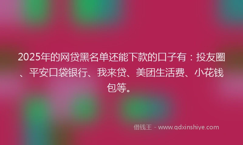 2025年的网贷黑名单还能下款的口子有：投友圈、平安口袋银行、我来贷、美团生活费、小花钱包等。