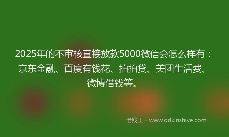 2025年的不审核直接放款5000微信会怎么样有：京东金融、百度有钱花、拍拍贷、美团生活费、微博借钱等。
