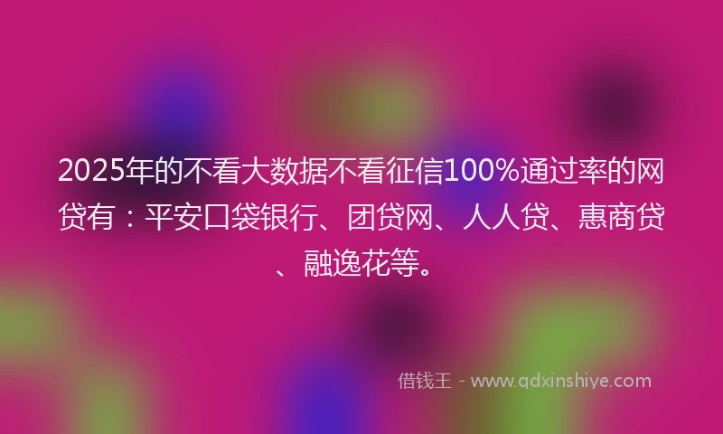 2025年的不看大数据不看征信100%通过率的网贷有：平安口袋银行、团贷网、人人贷、惠商贷、融逸花等。