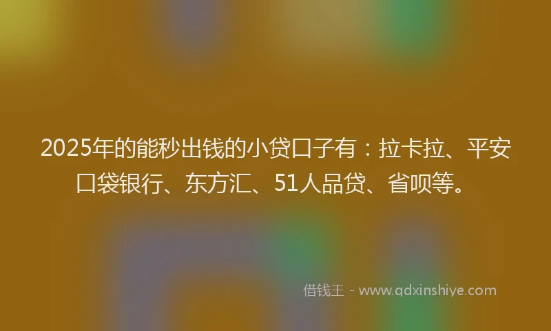 2025年的能秒出钱的小贷口子有：拉卡拉、平安口袋银行、东方汇、51人品贷、省呗等。
