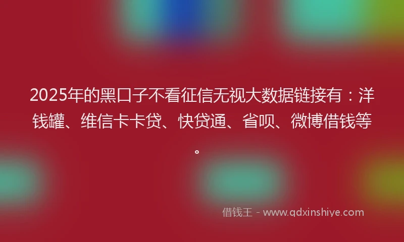 2025年的黑口子不看征信无视大数据链接有：洋钱罐、维信卡卡贷、快贷通、省呗、微博借钱等。