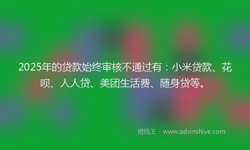 2025年的贷款始终审核不通过有：小米贷款、花呗、人人贷、美团生活费、随身贷等。